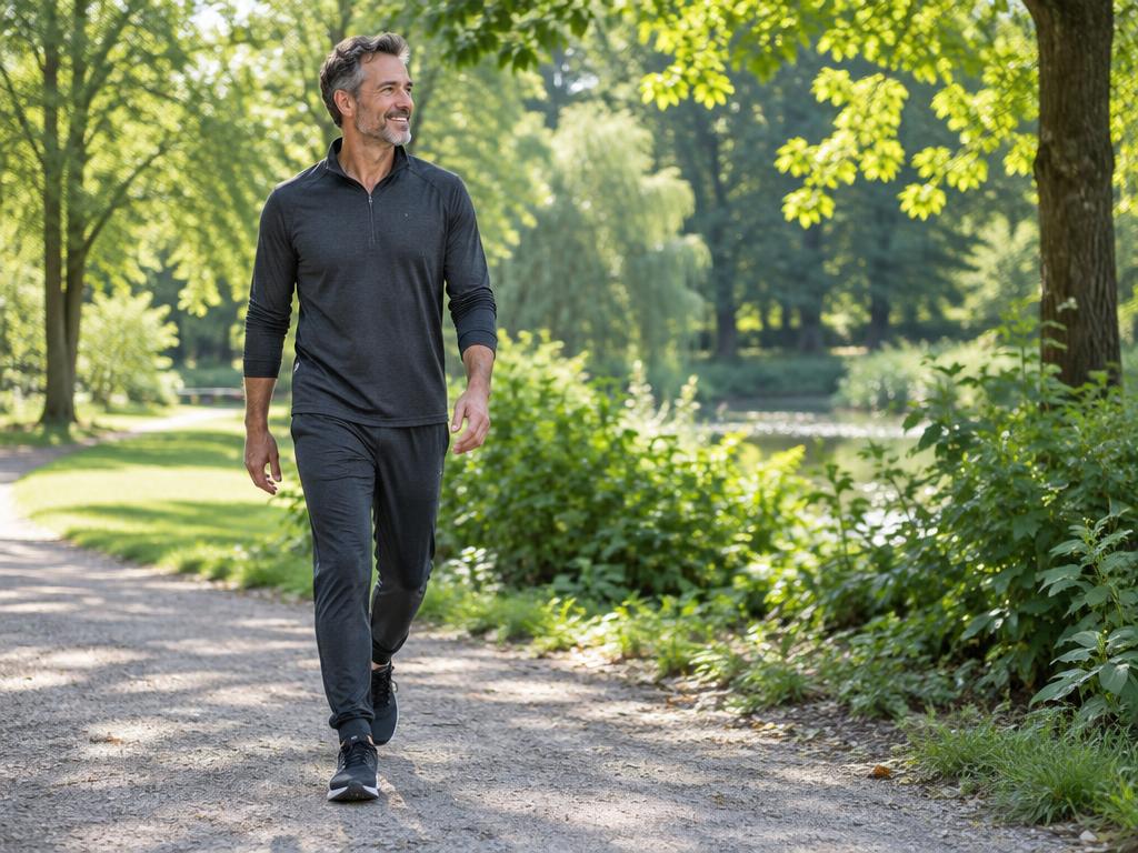Illustrative photograph of a middle-aged man walking in a leafy park