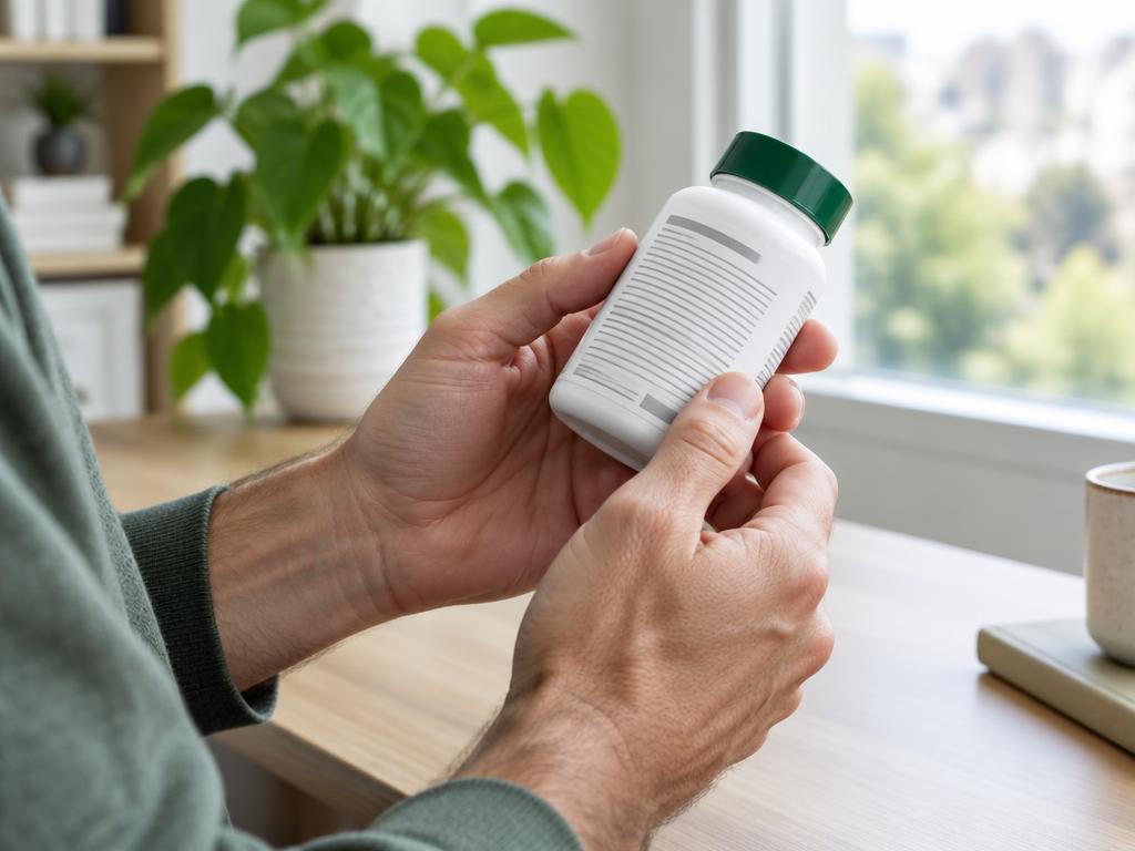 Illustrative photograph of a person checking a supplement bottle label